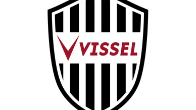شعار كلاسيكي لنادي فيسيل كوبه الياباني بتصميم درع مقلم بالخطوط السوداء والبيضاء مع كلمة VISSEL وحرف V باللون الأحمر