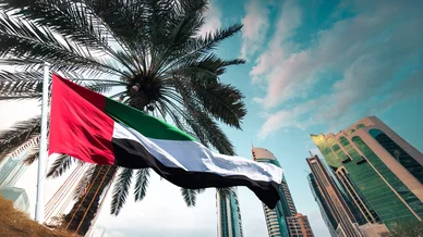 صورة من زاوية منخفضة تُظهر علم دولة الإمارات العربية المتحدة يرفرف بقوة في السماء الزرقاء الغائمة، مع نخلة باسقة على اليسار، ومجموعة من ناطحات السحاب الحديثة المزججة على اليمين، مما يعكس التناغم بين الأصالة والحداثة.