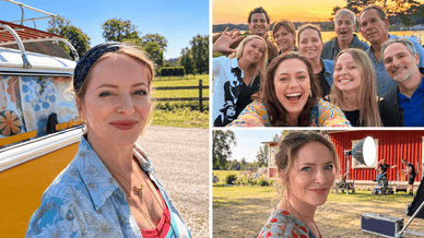 Selfies von Diana Staehly vor einem gelben Bulli und am Set, ein Gruppenselfie im Sonnenuntergang und Filmequipment vor einem roten Haus