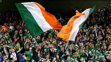 Irish fans cheering in the stadium stands at a sports event.