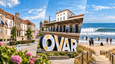 Colagem de Ovar: edifício histórico, estação, letreiro e surfistas
