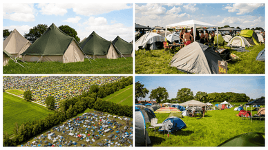 Parookaville Camping 2026 – Glamping-Zelte, Basislager, Luftaufnahme des Campinggeländes und Deluxe-Bereich auf dem Festivalgelände in Weeze