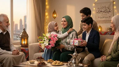 عائلة عربية سعيدة تحتفل بعيد الأم، الأبناء يقدمون الزهور والهدايا بحضور الجد والجدة.