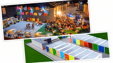 Aldeia do Carnaval à noite e maqueta das oficinas coloridas