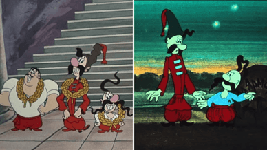 Кадри з українського анімаційного серіалу «Як козаки...», ліва частина зображення — це кадр із серії «Як козаки куліш варили» (1967), а права — із серії «Як козаки олімпійцями стали» (1978)