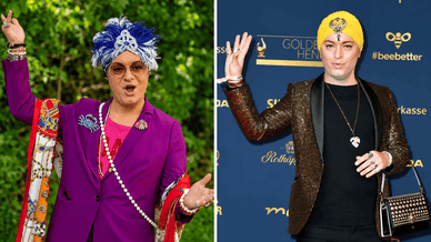 Julian F.M. Stoeckel im lila Blazer und im Glitzer-Jackett