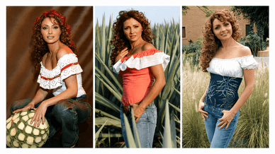 Angélica Rivera in traditioneller mexikanischer Kleidung während einer Telenovela-Produktion