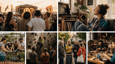 Collage mit Festival, Plattenladen, Urban Gardening, Boulderhalle, Nachbarschaftstreffen und Spieleabend gegen soziale Distanz