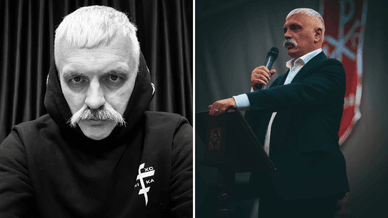 Корчинський одягнений у худі з християнською символікою