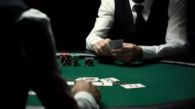 Assurance blackjack au casino avec croupier et jetons sur la table.
