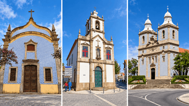 Três igrejas com fachadas de azulejos azuis e brancos