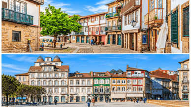 Centro histórico de Guimarães com Praça de Santiago e Largo do Toural