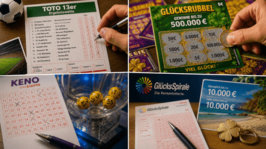 Toto-13er-Spielschein mit Spielvorhersagen, GlücksRubbel-Rubbellos bis zu 500.000 €, KENO-Spielschein mit Kugeln und GlücksSpirale-Los mit Werbung für eine Rente von bis zu 10.000 € pro Monat