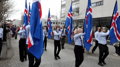 A scout parade on the first day of summer in Iceland