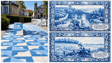 Pavimento azul e branco e painéis de azulejos com versos