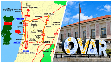 Mapa de Portugal com Ovar assinalada e letreiro da cidade