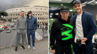 Олексій Гуцуляк разом із Артемом Довбиком на тлі Колізею в Римі та поруч із власником футбольного клубу «Полісся» Геннадієм Буткевичем