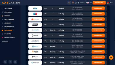 Zahlungsmethoden im Axe Online Casino