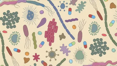 رسم توضيحي فني ملون يجمع بين أشكال مختلفة من البكتيريا والفيروسات والميكروبات المنتشرة بجانب كبسولات وحبوب المضادات الحيوية المتنوعة