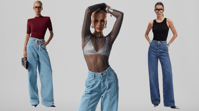 Світло-блакитні широкі джинси, блакитні джинси з акцентними швами та темно-сині джинси палаццо з високою посадкою