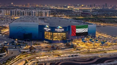 الوجهة الترفيهية البحرية ليلاً في جزيرة ياس سي وورلد أبوظبي (SeaWorld): الواجهة الخارجية ليلاً مع علم الإمارات.