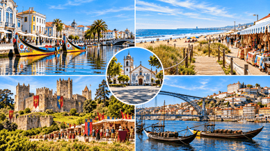 Colagem com moliceiros, praia, igreja, castelo medieval e barcos rabelo