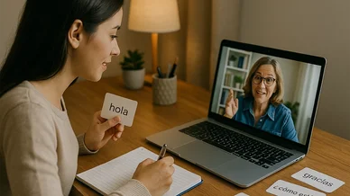 طالبة تتلقى إحدى دروس اللغة الإسبانية الخصوصية عبر الإنترنت مع معلمتها، وتستخدم البطاقات التعليمية لتعلم المفردات.