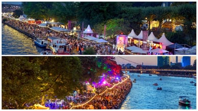 Zwei Ansichten aus der Vogelperspektive auf das Museumsuferfest in Frankfurt: die beleuchtete Uferpromenade mit Zelten, Booten und einer Menschenmenge am Abend