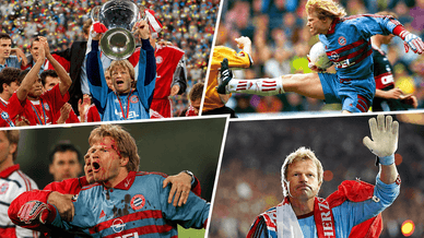 Oliver Kahn mit dem Champions-League-Pokal, bei einer Ballabwehr, mit blutendem Gesicht und beim Abschiedsjubel im Bayern-Trikot