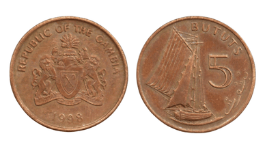 Монета номіналом 5 бутутів з Республіки Гамбія, випущена в 1998 році