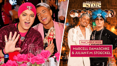 Julian F.M. Stoeckel, pinker Turban, und Marcell Damaschke mit Puppe