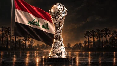 كأس الخليج العربي: رمز الفخر الرياضي وتتويج العراق كأس الخليج العربي: مجسم البطولة مع علم العراق.
