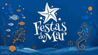 Ilustração oficial das Festas do Mar 2026 com estrela-do-mar, cavalo-marinho e peixes sobre fundo azul