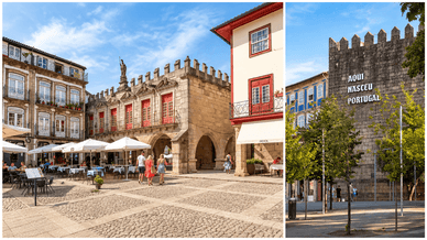 Largo da Oliveira e muralha “Aqui Nasceu Portugal” em Guimarães