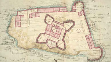Исторический план форта Джеймс, чертеж дает наглядное представление о том, как функционировал этот укрепленный пост на острове в XVIII веке
