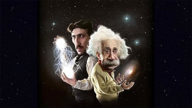 Portraits stylisés d'Albert Einstein et Nikola Tesla symbolisant deux génies ayant révolutionné la physique.