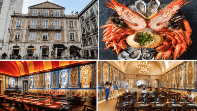 Fachada e salões de azulejos da Cervejaria Trindade