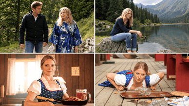 Vier Szenen mit Diana Staehly in den Bergen: beim Spaziergang, am Bergsee und in Dirndl in einer Berghütte