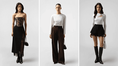 Спідниця міді з мереживом, лонгслів та коричневі штани, подвійні шорти з мереживом, бренд CHER'17