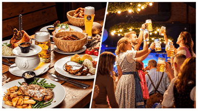 Bayerische Gerichte, Hofbräu-Bier und anstoßende Gäste in Tracht