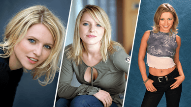 Drei Porträts von Diana Staehly aus verschiedenen Jahren mit blonden Haaren und blauen Augen