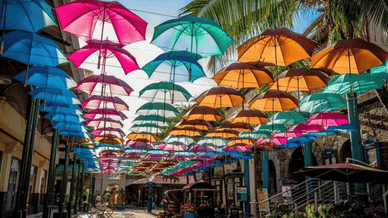 Столицы Маврикия, города Порт-Луи — аллея зонтиков на набережной Кодан
