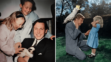 Молодий сер Девід Аттенборо, легендарний британський натураліст і телеведучий, у колі своєї родини та з домашніми улюбленцями