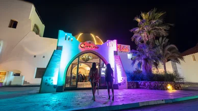 مدخل كازينو علاء الدين المضاء بألوان النيون الزرقاء والبنفسجية الساطعة ليلاً، مع أشجار النخيل في الواجهة.