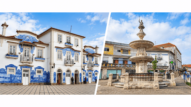 Fachada azulejada da estação e fonte de pedra com estátua