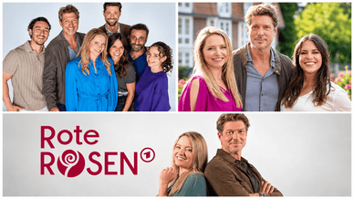 Cast-Foto der Telenovela „Rote Rosen“ sowie Diana Staehly mit zwei Kollegen im Garten und mit dem Serienlogo