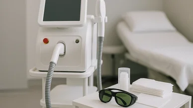 أفضل جهاز ليزر لازالة الشعر في عيادة تجميل مجهزة مع نظارات الحماية.