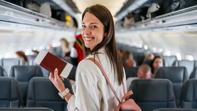 Femme voyageant en avion avec son passeport, illustrant l’idée de Se protéger à l’étranger.