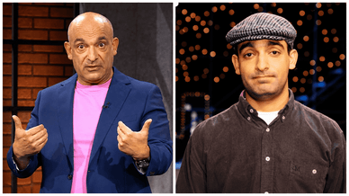 Django Asul im blauen Sakko mit rosa T-Shirt im Fernsehstudio
