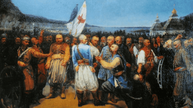 Репродукція картини українського художника Віктора Ковальова під назвою «Остання рада на Січі», створена в середині XIX століття